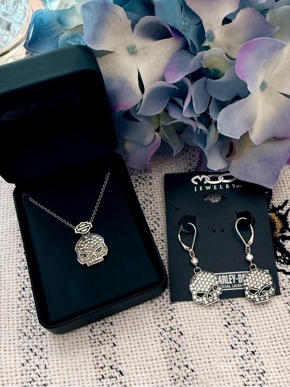 Harley-Davidson Bling Sterling Silver Skull  Necklace and Dangle Earrings Set